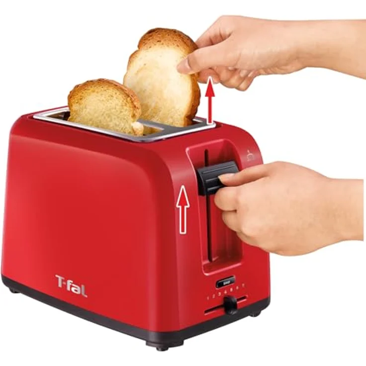 TEFAL TT1A2510 Toaster | Doppelschlitz | mit 7 Bräunungsstufen | inkl. Brötchenaufsatz | Krümelschublade | 800W | Hebefunktion | Funktionstaste für Stopp -Taste, Auftauen und Erwärmen | rot – Bild 3