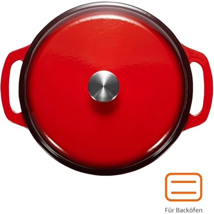 AmazonBasics Bräter Schmortopf aus emailliertem Gusseisen, 5,67 l, Rot – Bild 5
