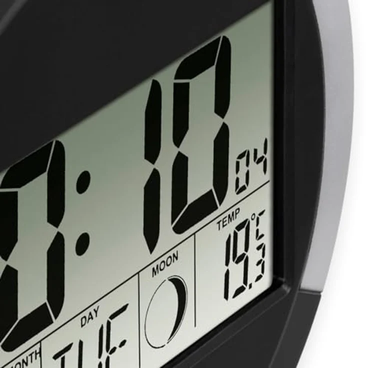 Hama Wanduhr Digital mit Funk (Funkuhr ohne tickgeräusche, LCD-Display, Thermometer, Kalender, Mondphase) schwarz- Silber – Bild 5