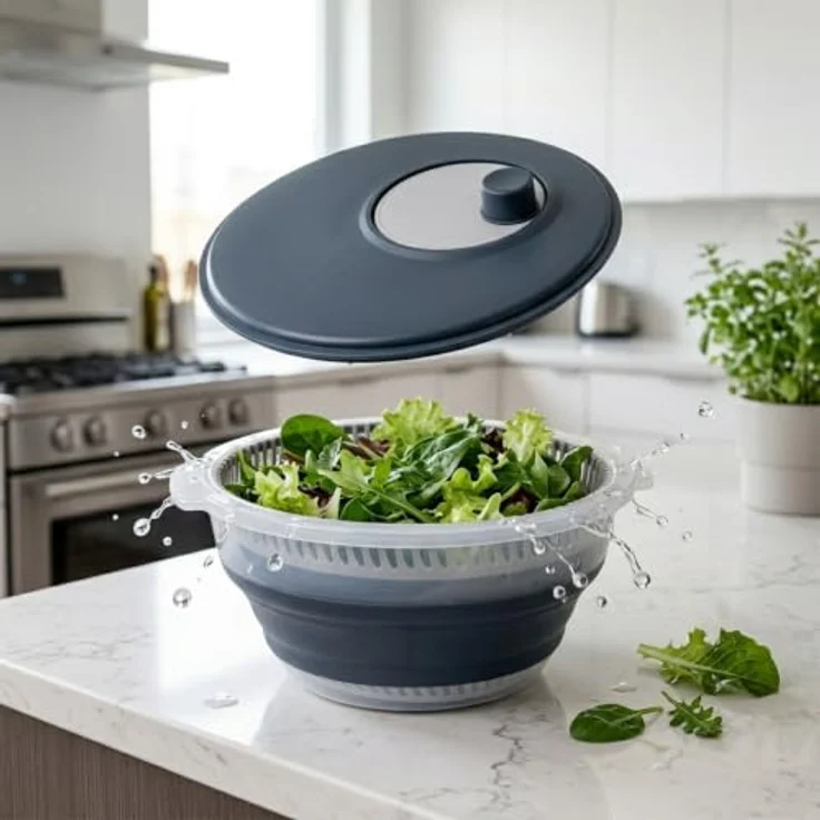 Spetebo Salatschleuder faltbar Ø 27 cm mit Anti-Rutsch-Boden, 5 L, grau/translucent, mit entnehmbarem Sieb und hoher Schleuderkraft – Bild 2