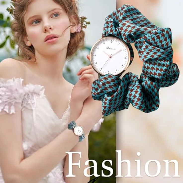 JewelryWe Damenuhr mit elastischem Haarband, Mintgrün, Hahnentrittmuster, Analog Quarz, Multifunktionale Armbanduhr – Bild 3