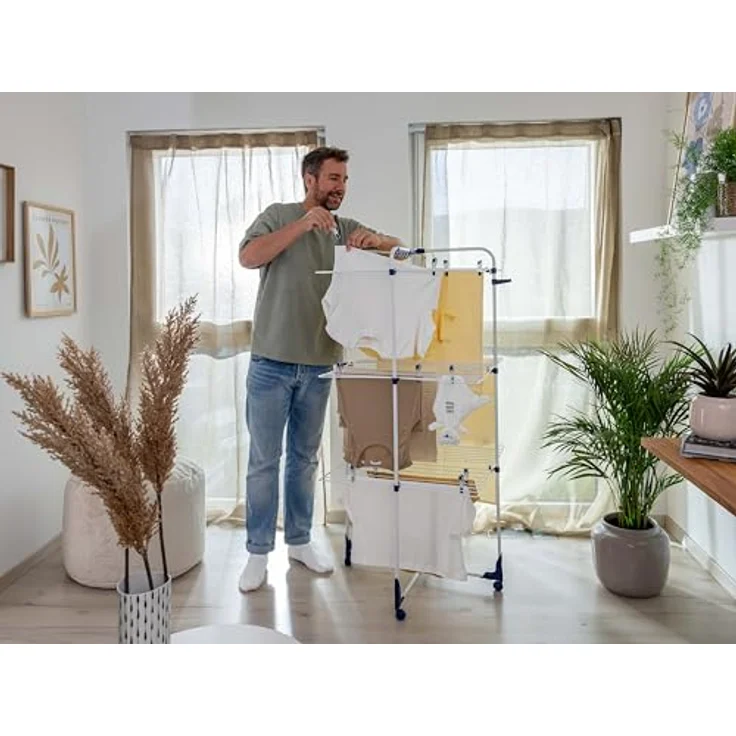 Leifheit Turmtrockner Classic Tower 340 mit Rollen, 34m Leinenlänge für 3-4 Waschmaschinenladungen, platzsparender Wäscheturm mit drei Ebenen, halbseitig abklappbarer Turmwäscheständer für die Dusche – Bild 7