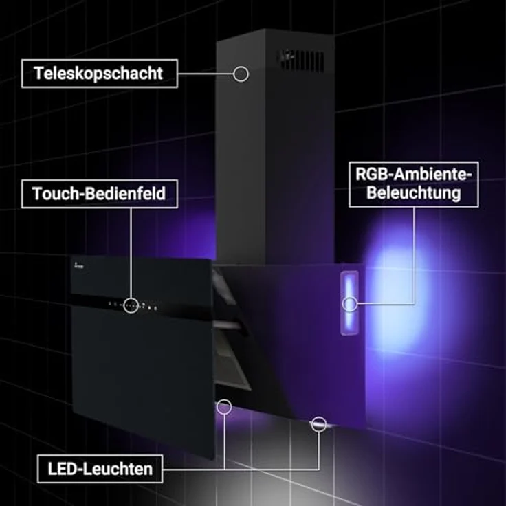 KKT KOLBE STYLE8005SMAO Dunstabzugshaube 80 cm 782 cbm/h WLAN RGBW-LED-Beleuchtung SensorTouch Bedienung, Edelstahl schwarzes Glas – Bild 4