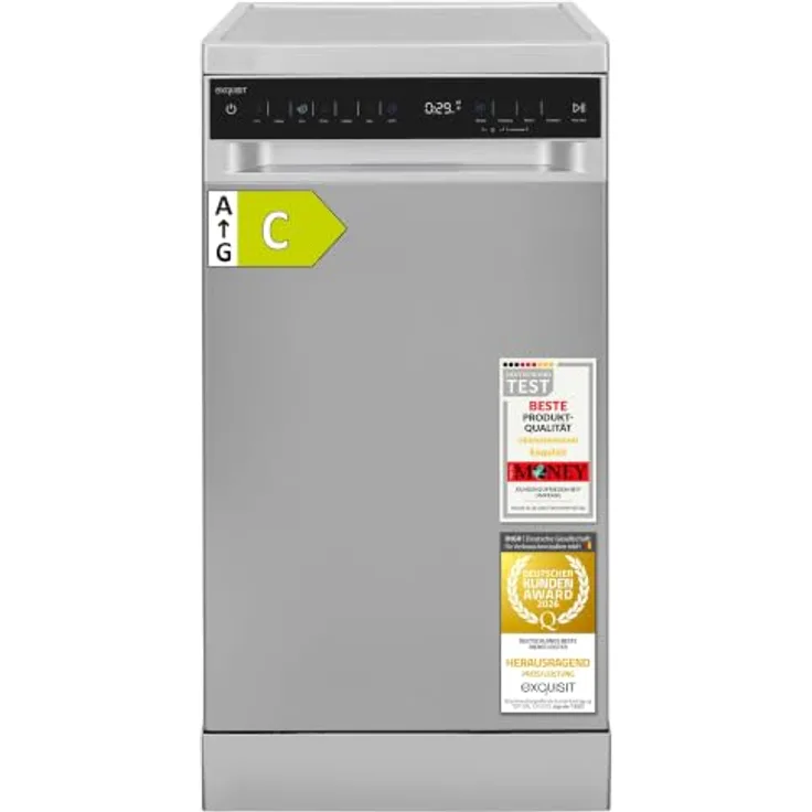 Exquisit GSP59311-450C Geschirrspüler, 11 Maßgedecke, Energieklasse C, 7 Spülprogramme, Aquastop, Besteckschublade, Unterbaufähig, Startzeitvorwahl, Silber