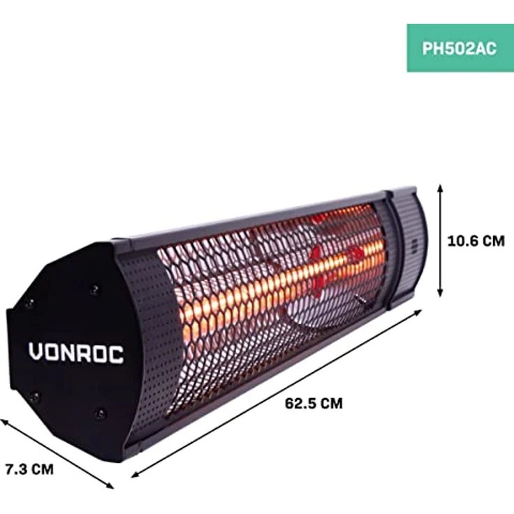 VONROC Marsili 2000W Terrassenheizung, effiziente Low Glare Lampe mit 2 Heizstufen und Fernbedienung – Bild 3