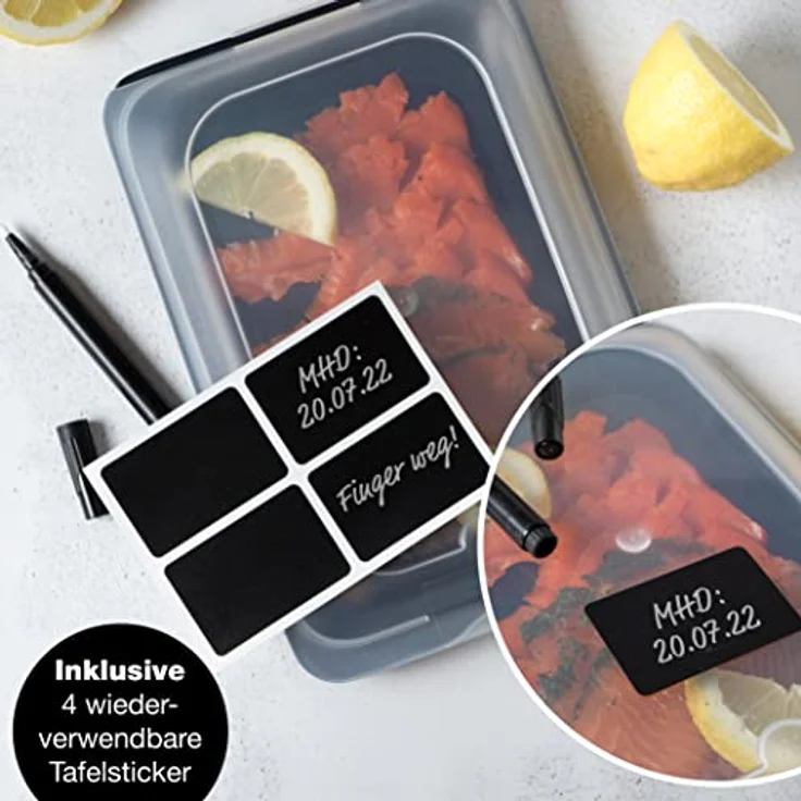 Moritz & Moritz 4er Set Aufschnittbox stapelbar – Frischhaltedosen mit Deckel zur Aufbewahrung von Wurst, Käse, uvm. – inkl. Tafelsticker zum Beschriften - Grautöne - Preisvergleich – Bild 5