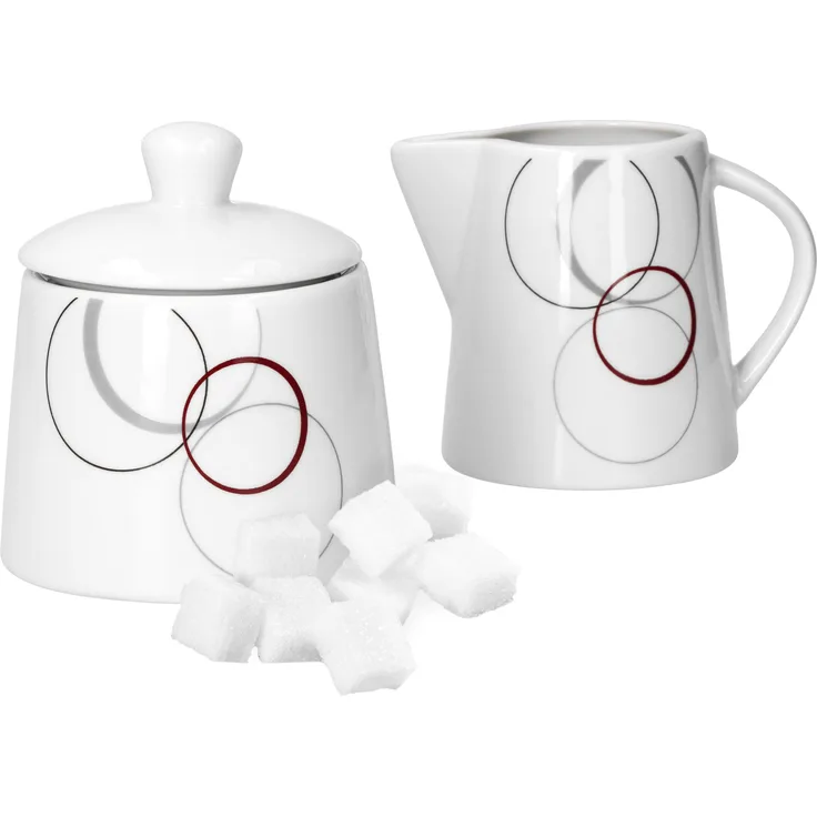 2tlg. Set Zuckerdose 28cl & Milchkännchen 23cl Palazzo mit Dekor-Kreisen in grau und dunkelrot