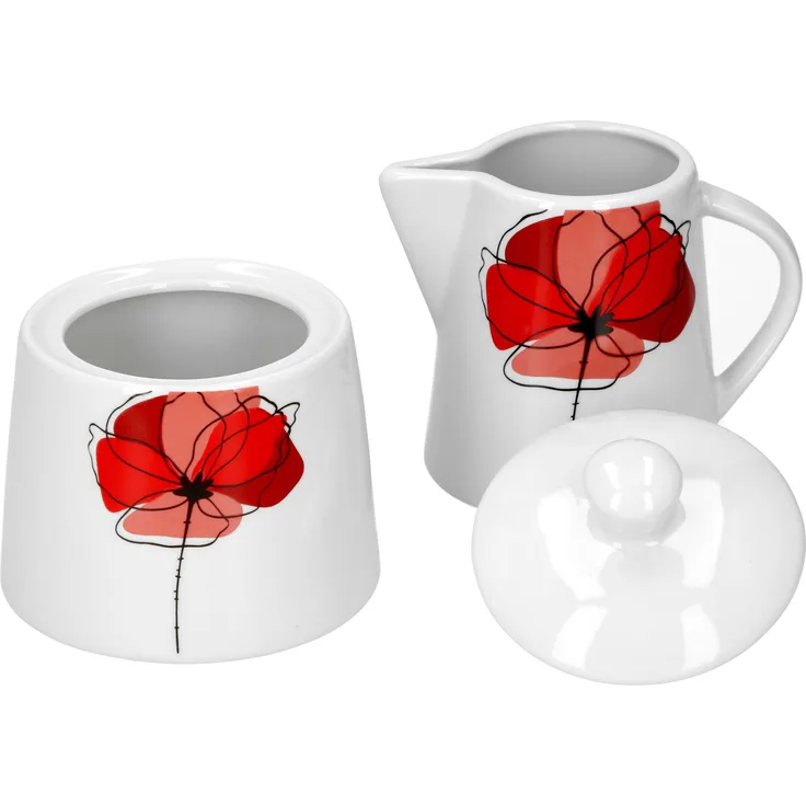 Zucker Milch-Set Monika Zuckerdose mit Deckel Milchkännchen Mohn-Blume rot edles Porzellan