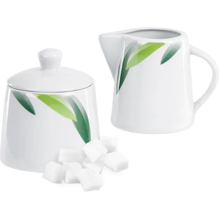 Van Well Siena 2tlg Set Zuckerdose mit Deckel, Ø 95 mm + Milchkännchen, 220 ml, Blattdekor,Porzellan