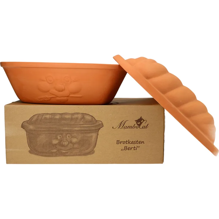 Mambocat Brotkasten Berti echtes Terrakotta Vorrats-Kasten mit Deckel 100 % natural Geschenk-Karton