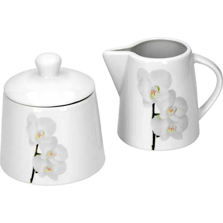 Van Well Vanda weiße Orchidee 2-tlg. Set Zuckerdose mit Deckel, Ø 95 mm + Milchkännchen, 220 ml, Blumendekor edles Marken-Porzellan