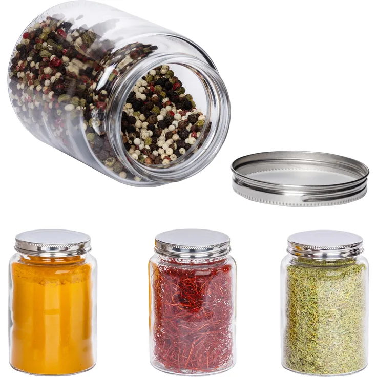 4-tlg. Gewürz-Gläserset Doria 520 ml bauchiges Vorratsglas mit Schraub-Deckel silber Gläser