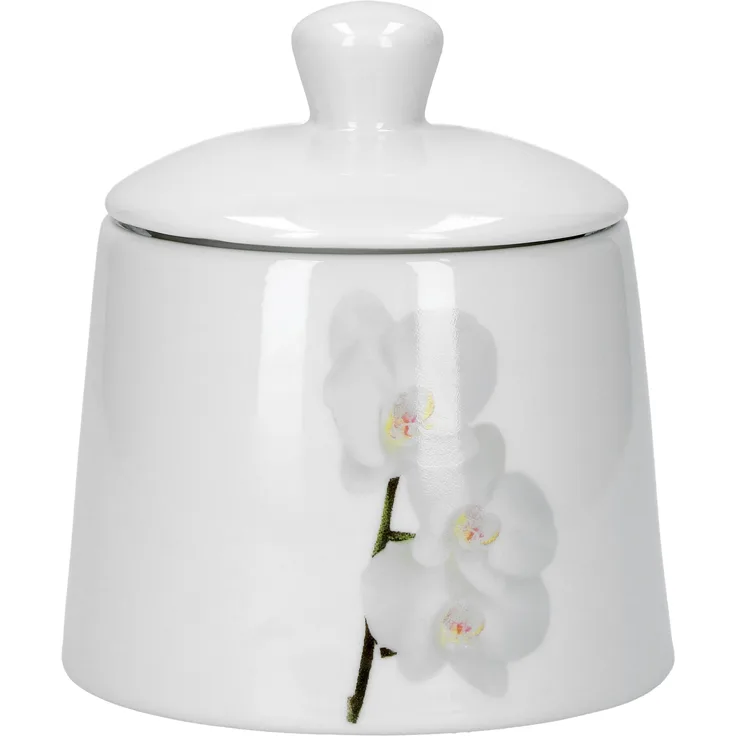 Van Well Vanda weiße Orchidee Zuckerdose mit Deckel, Ø 90 mm, 280 ml, Blumendekor, Kaffeezubehör, edles Marken-Porzellan