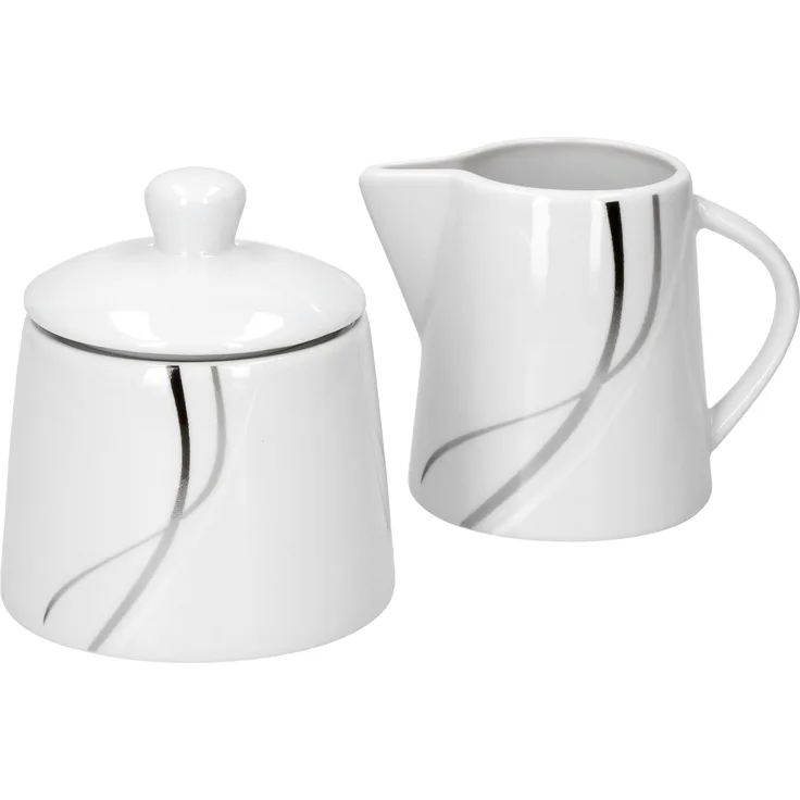 Van Well Zuckerdose + Milchkännchen-Set Silver Night, Zuckerspender + Gießer, Porzellan,Linien-Dekor