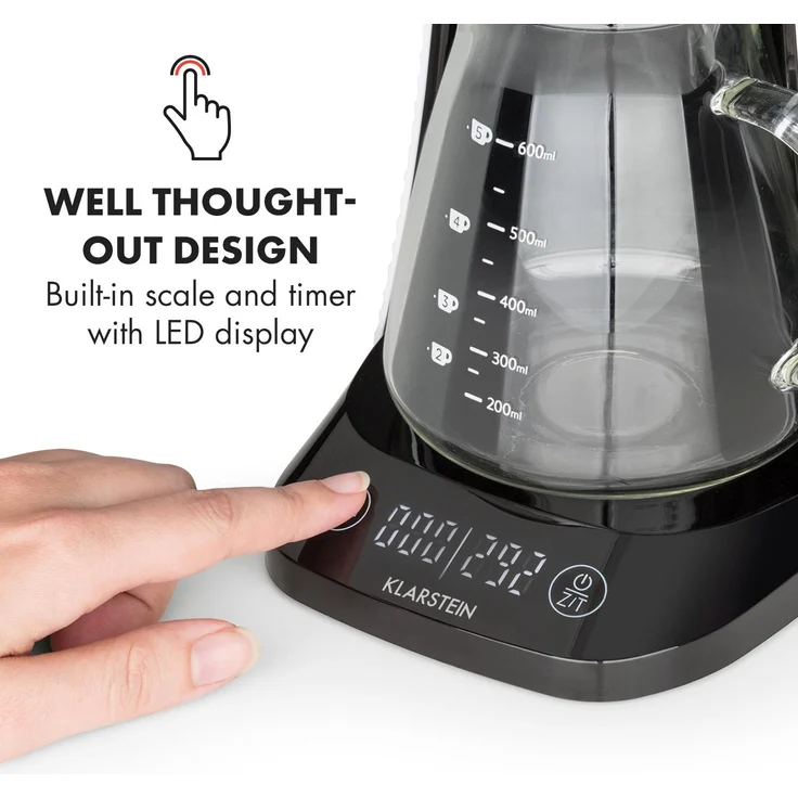 Klarstein craft coffee Waage, Timer, Glaskanne, Filteraufsatz, 600ml, schwarz-weiß – Bild 5