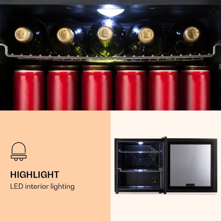 Klarstein Beersafe L Onyx Getränkekühlschrank, freistehend, schwarz, LED, 2 Metallroste, Glastür, Breite 50 cm – Bild 4