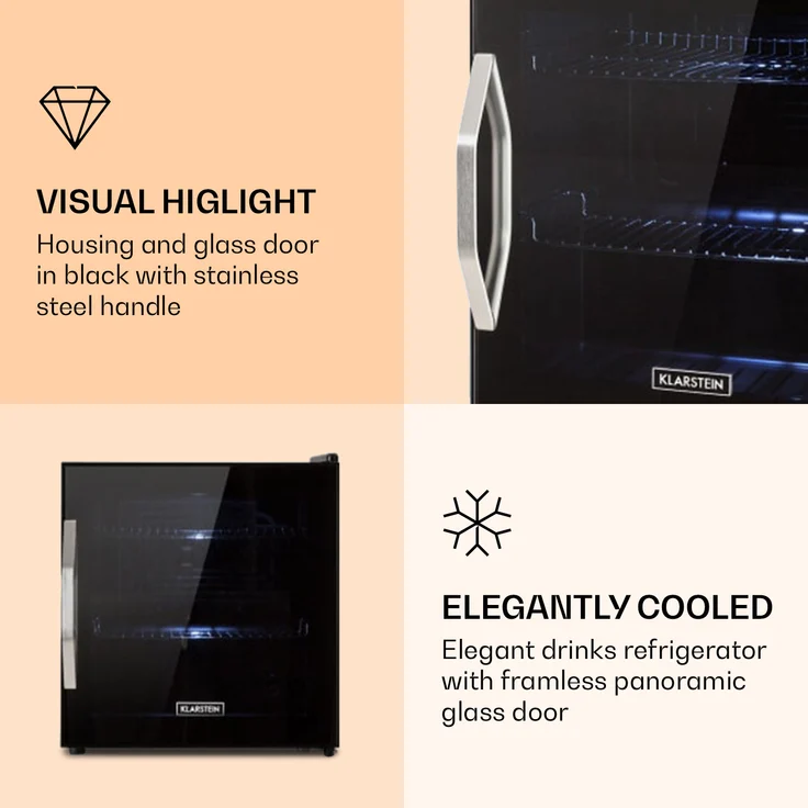 Klarstein Beersafe L Onyx Getränkekühlschrank, freistehend, schwarz, LED, 2 Metallroste, Glastür, Breite 50 cm – Bild 3