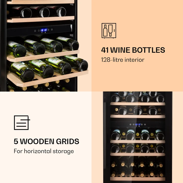 Klarstein Barossa 40D Weinkühlschrank, 2 Zonen, 135 L, 41 Flaschen, Glastür, Touch, LED, schwarz, Einbau – Bild 5