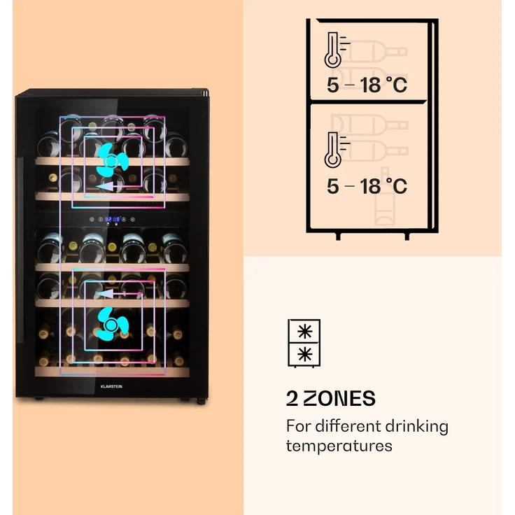 Klarstein Barossa 40D Weinkühlschrank, 2 Zonen, 135 L, 41 Flaschen, Glastür, Touch, LED, schwarz, Einbau – Bild 4