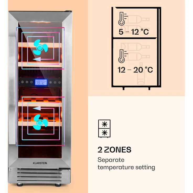 Klarstein Vinovilla Duo17 Zweizonen-Weinkühlschrank 53l 17 Fl. 3-Farben Glastür, Einbau – Bild 4