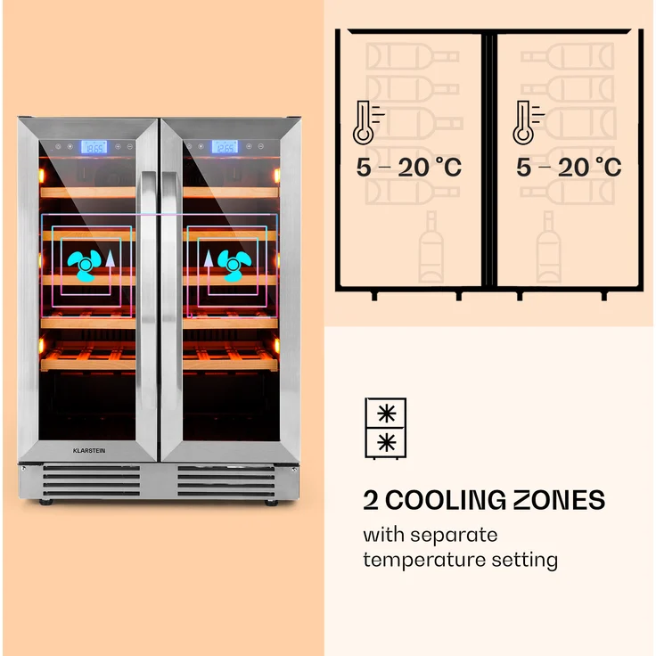 Klarstein Vinovilla Duo 42 Zweizonen-Weinkühlschrank, Einbau, silber, 42 Flaschen, 2 Kühlzonen, Breite 59.5 cm – Bild 4
