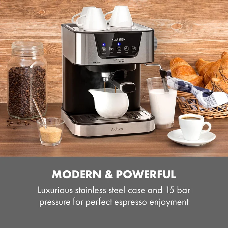 Klarstein Arabica Espressomaschine, 1050 W, 15 Bar, 1,5l Touch-Bedienfeld, Edelstahl – Bild 2
