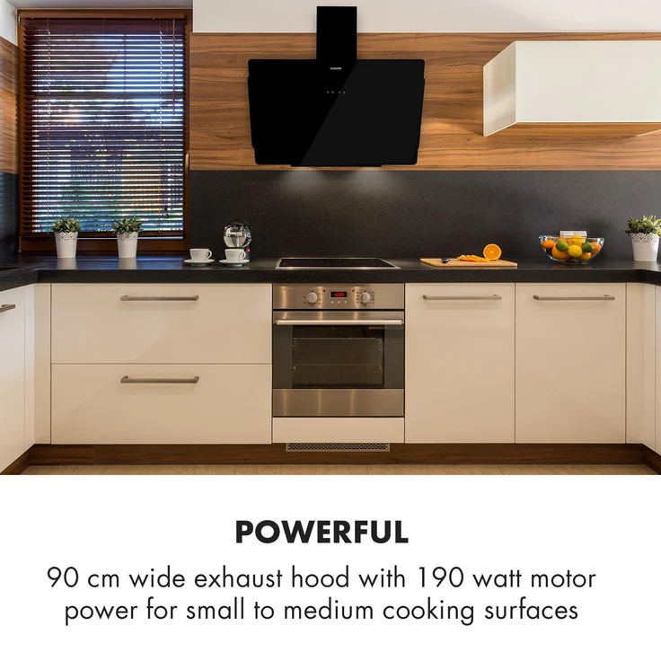 Klarstein Aurica 90, Motorhaube, Kamin abgewinkelt, Breite: 90 cm, Tiefe: 33 cm, Absaugung und Rückführung (mit zusätzlichem Rückführungsset), Schwarz – Bild 3