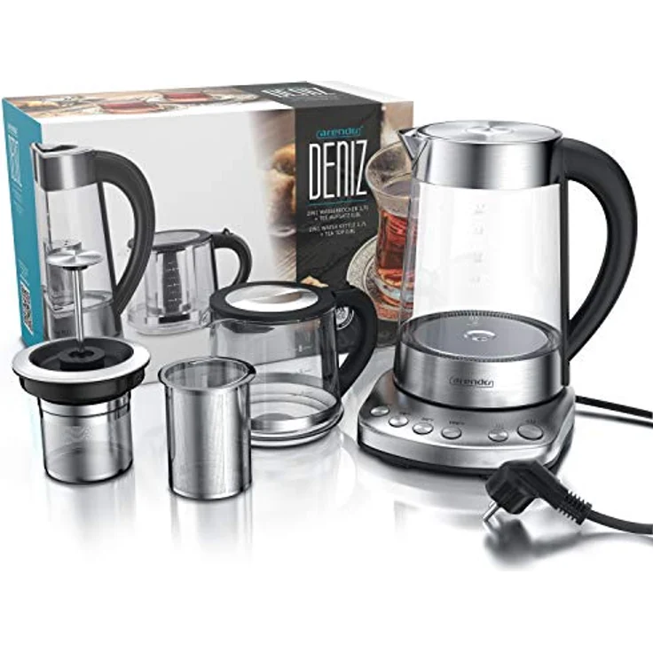 Arendo Glas Wasserkocher mit Temperatureinstellung und Teesieb sowie Aufsatz - Türkischer Teekocher - Edelstahl - Temperaturen 70, 80, 100 Grad - 1,7 Liter - 2400 Watt - Abschaltautomatik – Bild 6