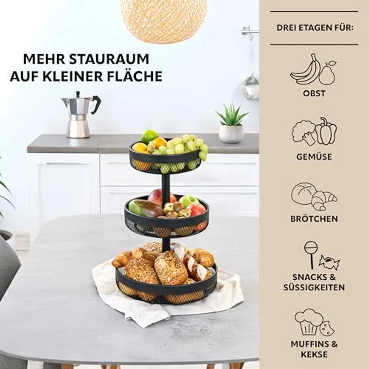 eluno 3-stöckige runde Obstetagere aus Metall, vielseitiger Brotkorb mit idealer Luftzirkulation, schwarz – Bild 3