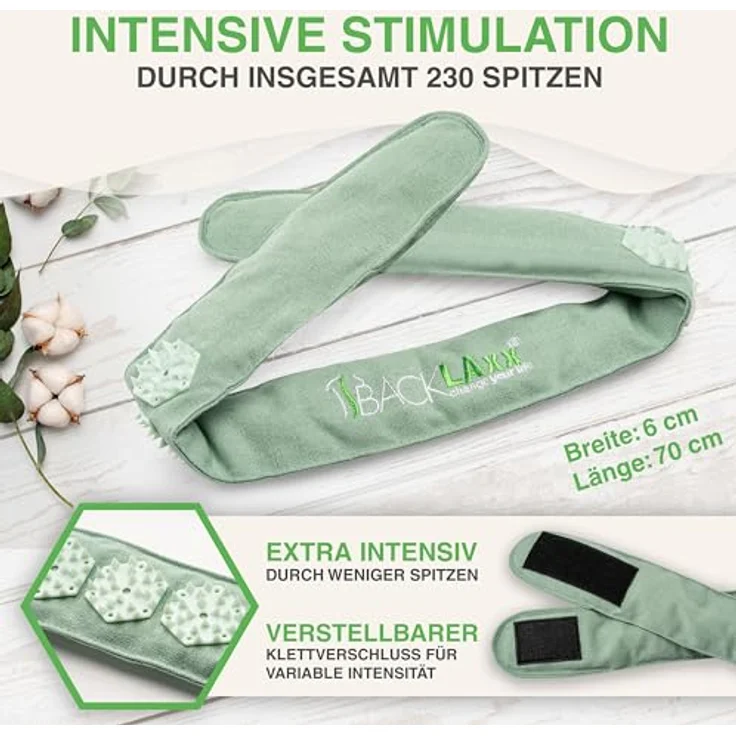 BACKLAxx® Massagegerät Akupressur Stirnband, Kopfband, Kopfmassagegerät mit Tasche zur Kopfmassage, Intensitätsregulierung durch Klettverschluss, nachhaltiges Halbleinen, 230 Spitzen, extra intensiv - blau – Bild 3