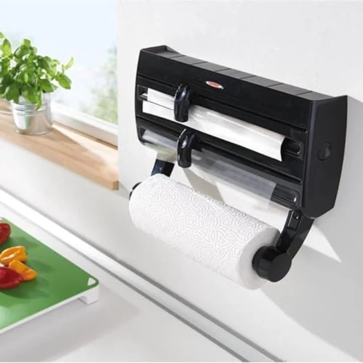 Leifheit Wandrollenhalter Parat F2 ComfortLine-Serie für insgesamt 3 Rollen, Folienschneider mit Abstellfläche für Gewürze und abnehmbarem Küchenrollenhalter, schwarz – Bild 4