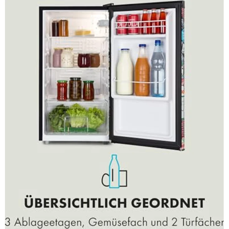 Klarstein Cool Vibe Kühlschrank, 90 Liter, Manga-Comic-Design Print, Crisper Fach, 42 dB, schwarz – Bild 5