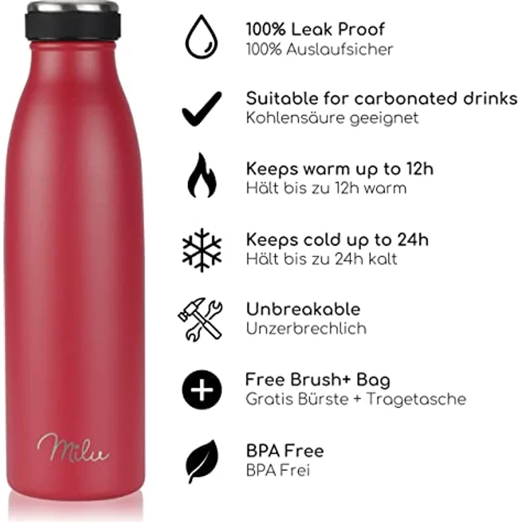 Milu Edelstahl Trinkflasche 500ml, doppelwandige Isolierflasche auslaufsicher, für kohlensäurehaltige Getränke, rot, inkl. Reinigungsbürste – Bild 2