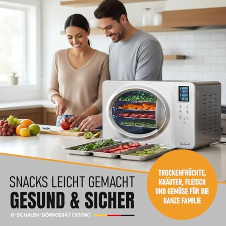 Bolkani Dörrautomat Edelstahl 500 W, Dehydrator mit Timer & Touchdisplay, 20–90 °C, 6 Edelstahlgitter, Tropfschale, leise Umluft, Innenbeleuchtung, BPA-frei – Bild 3