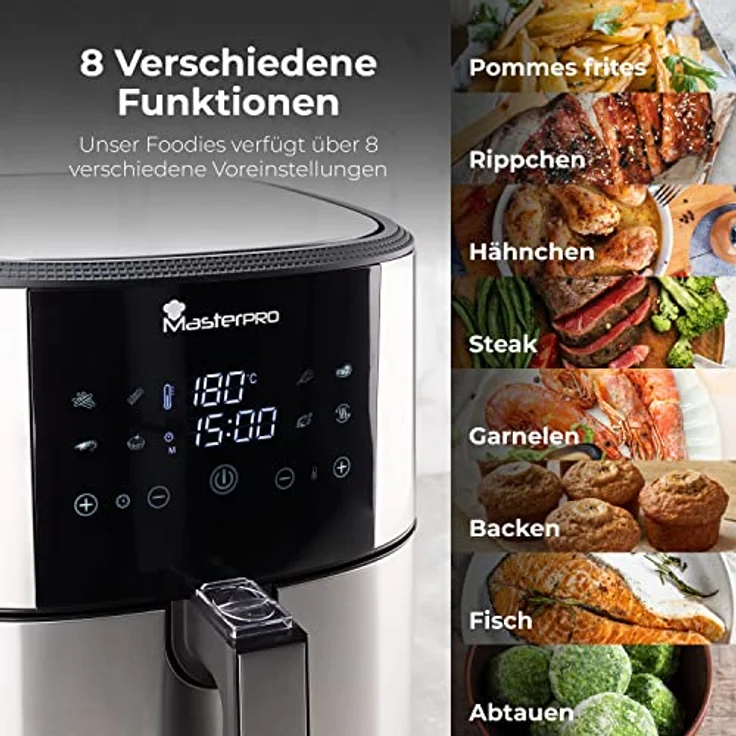 MasterPro Foodies Fritteuse-Set ohne Öl XXL 6 l und 1800 W zusammen mit Ölspray, LED-Touchscreen und Antihaft-Korb Luftfritteuse 8 verschiedene Funktionen in 1, BGKIT-0039, Grau – Bild 3