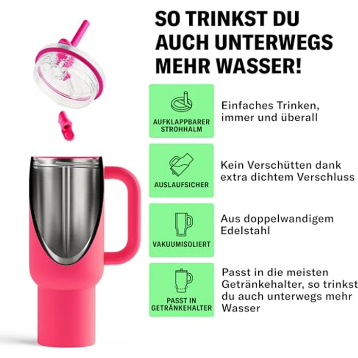 waterdrop® Thermobecher 1,1L mit Strohhalm – Auslaufsichere Edelstahl-Trinkflasche, hält 12h kalt, klappbares Mundstück, robustes Design – Bild 3