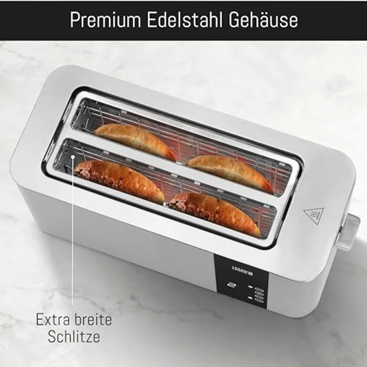 LEBENLANG Langschlitz Toaster 4 Scheiben Edelstahl Gebürstet mit Brötchenaufsatz, Touchscreen LED Display, 7 Bräunungsstufen, 1400W, für große Toastscheiben xxl LBL9899 – Bild 2