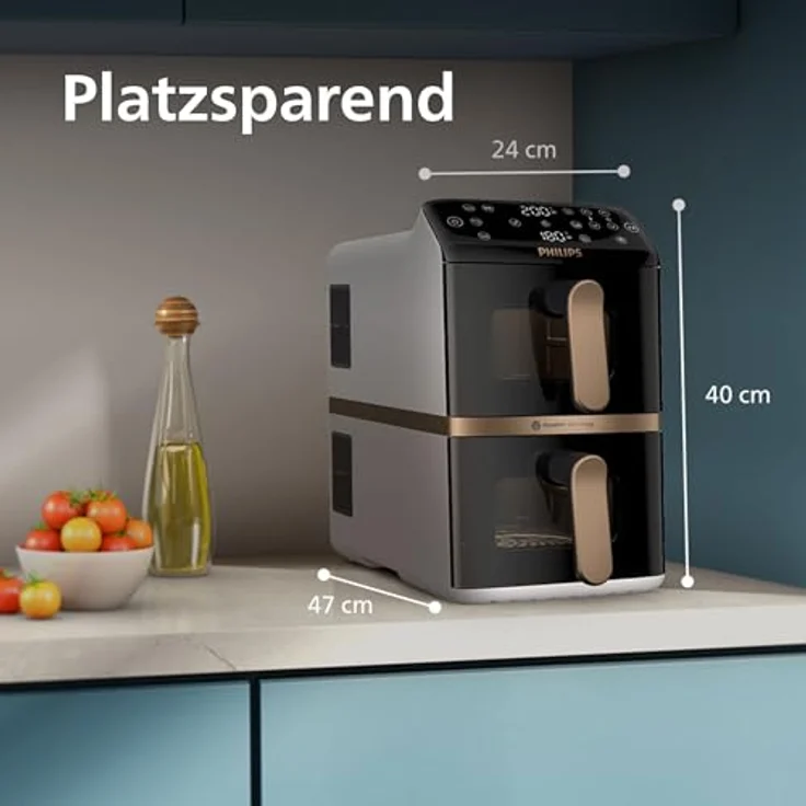 Philips Heißluftfritteuse NA462/80 4000 Series, 10L Stacked Dual Basket, 2750 W, RapidAir Technologie, Schwarz/Dunkelgrau, kupfer Griff – Bild 3
