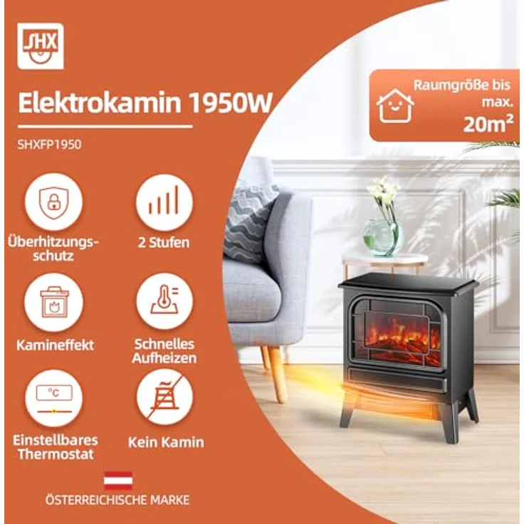 SHX SHXFP1950 Elektrokamin 1950W, mit realistischer Feuerillusion und einstellbarem Thermostat, schornsteinfrei und umweltfreundlich – Bild 2