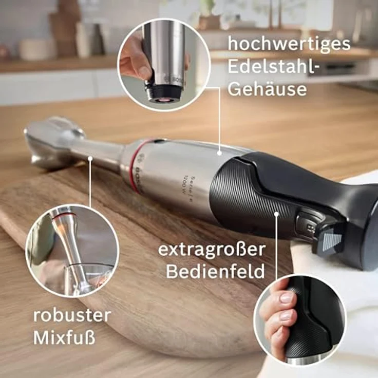 Bosch ErgoMaster Serie 6 MSM6M810 Stabmixer, 1200 Watt, stufenlose Geschwindigkeitsregelung, Pulse, inkl. Messbecher, silber, schwarz – Bild 5