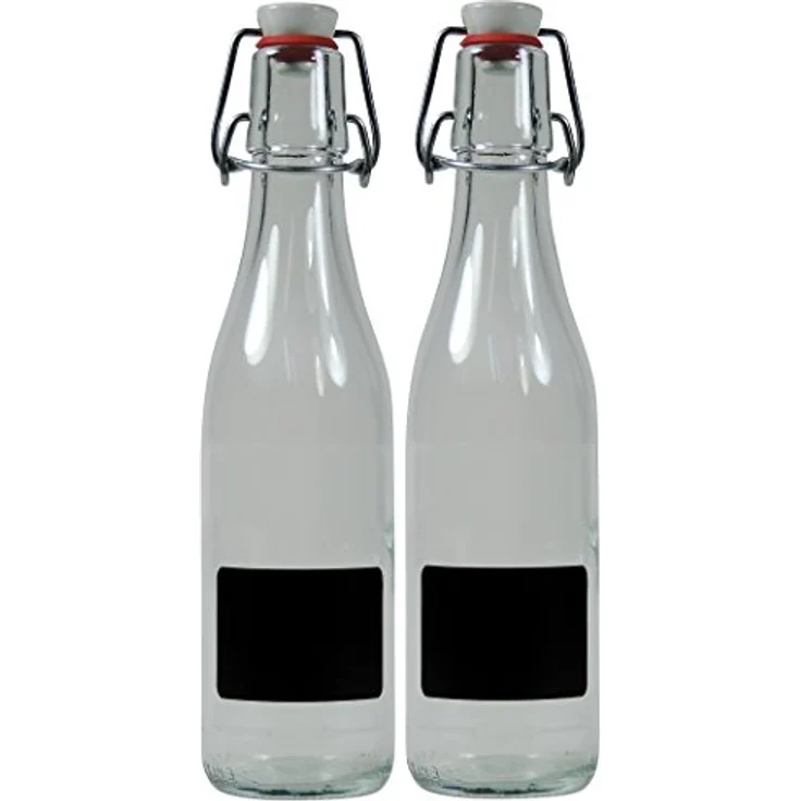 Viva Haushaltswaren 2 x kleine Glasflasche 330 ml leer mit Bügelverschluss aus Porzellan zum Befüllen, als transparente Saftflasche und Ölflasche verwendbar (inkl. 2 Beschriftungsetiketten) – Bild 2
