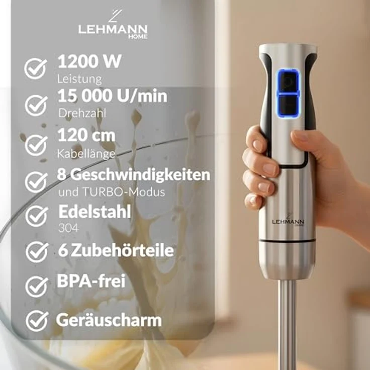 LEHMANN Stabmixer Set 1200 Watt, Multifunktions Pürierstab 5-in-1 mit 8-stufiger Geschwindigkeitsregelung und Turbo-Funktion, inkl. 860 ml Messbecher, BPA-frei, goldene Klinge – Bild 4
