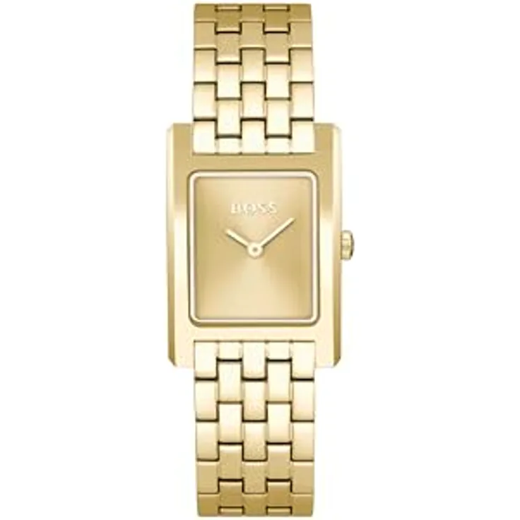 BOSS Analog Quarzuhr für Damen Kollektion Lucy mit Gelbgoldfarbenes Edelstahlarmband - Zeitloses Tank-Design, Gelbgoldenes Sonnenstrahlen-Zifferblatt, Wasserabweisend bis 3 bar