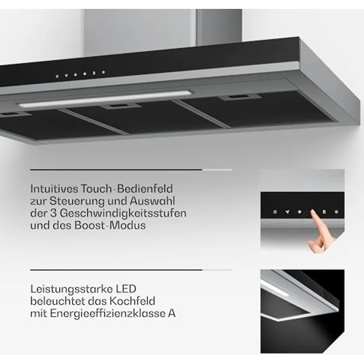 Klarstein Verosteel Dunstabzugshaube 90cm, 881,6 m³/h, A++, Touch-Bedienung, LED-Beleuchtung, Edelstahl & Glas, 3+Boost Stufen, leise, spülmaschinenfester Filter – Bild 7