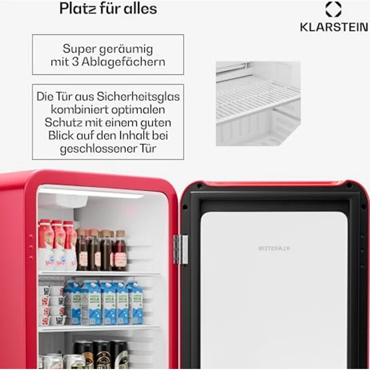 Klarstein Audrey Evo Getränkekühlschrank, 113 L, Retro-Design, doppelt verglaste Tür, 0-10 °C, Energieeffizienz C, LED-Beleuchtung, verstellbare Füße, Rot – Bild 5