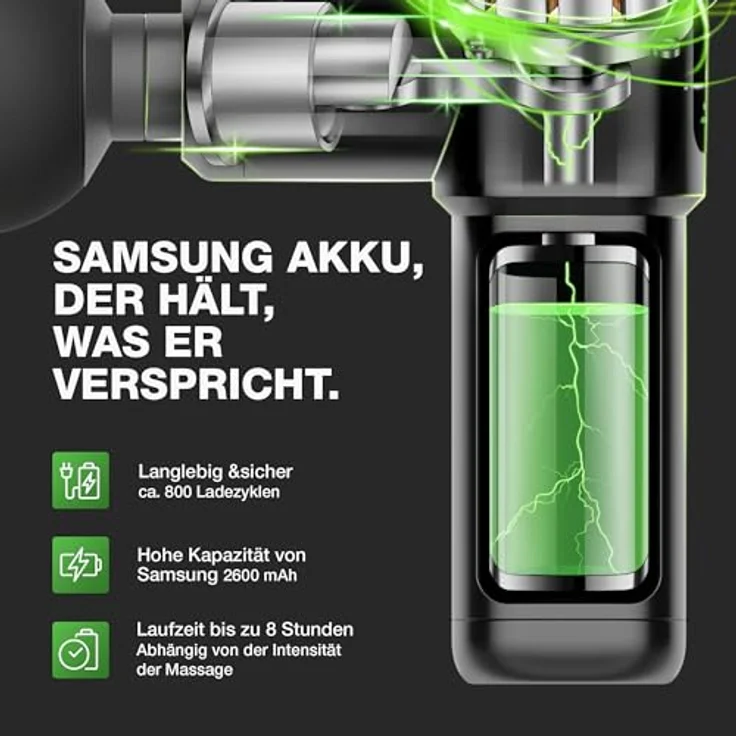Donnerberg Massagepistole Miniberg MG-111, 6mm Amplitude, 7 Jahre Garantie, 2600-mAh Samsung Akku, 6 Silikonaufsätze, leise und kompakt, TÜV SÜD geprüft – Bild 2