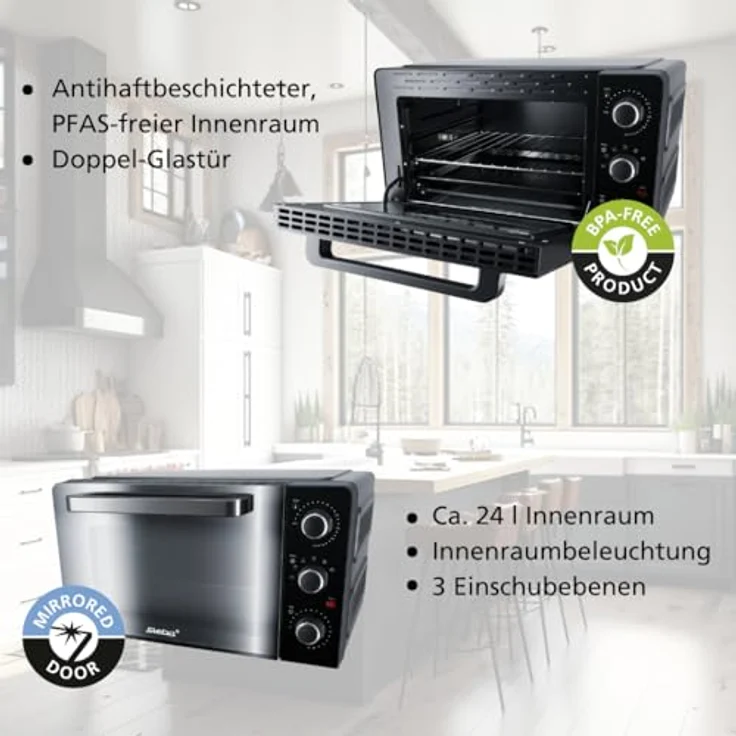 Steba Grillbackofen KB 224 mit PFAS-freiem Innenraum, ca. 24 Liter, 3 Einschubebenen, emailliertes Backblech, Grillrost, Drehspieß, Doppel-Glastür – Bild 2