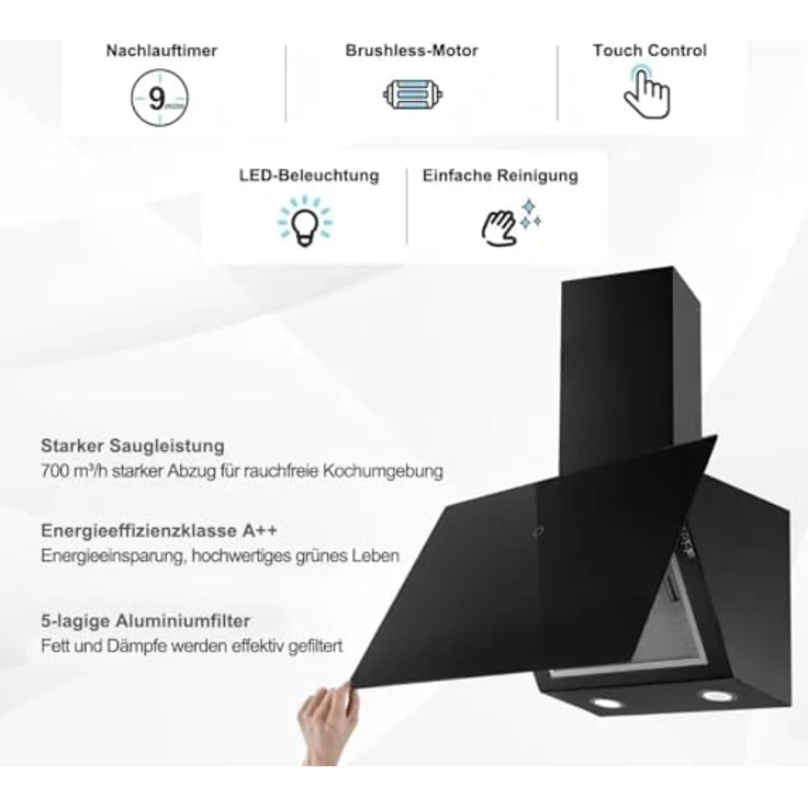 SNDOAS Dunstabzugshaube YYWH0160, 700 m³/h starke Saugleistung, 3 Leistungsstufen, 60cm Umluft/Abluft, LED-Touchscreen, verzögerte Abschaltung, Schwarz – Bild 2