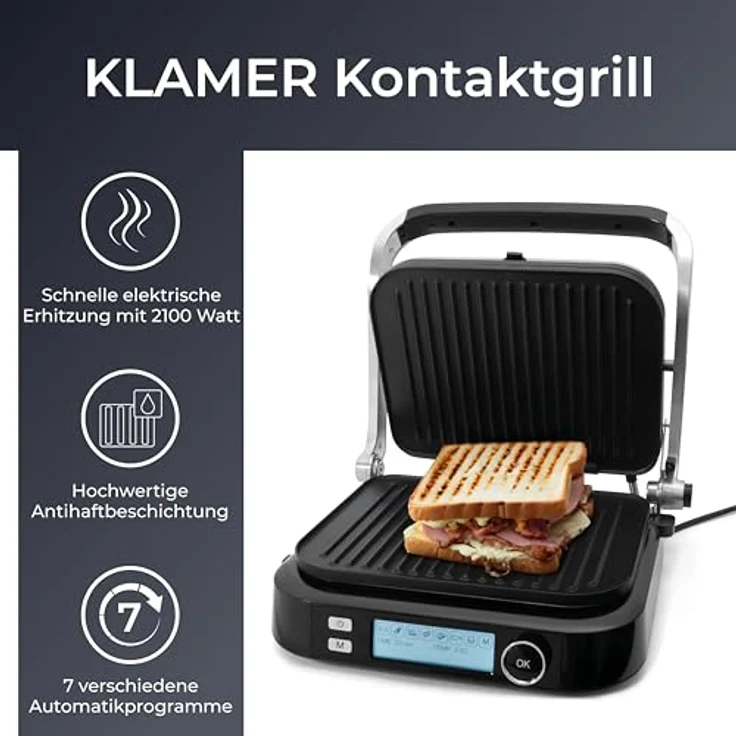 KLAMER Kontaktgrill 7 Automatikprogramme, abnehmbare Platten, Antihaftbeschichtung, 2100W, 2 Grillplatten, 7 Programme, Temp.-Regler, Antihaft – Bild 2