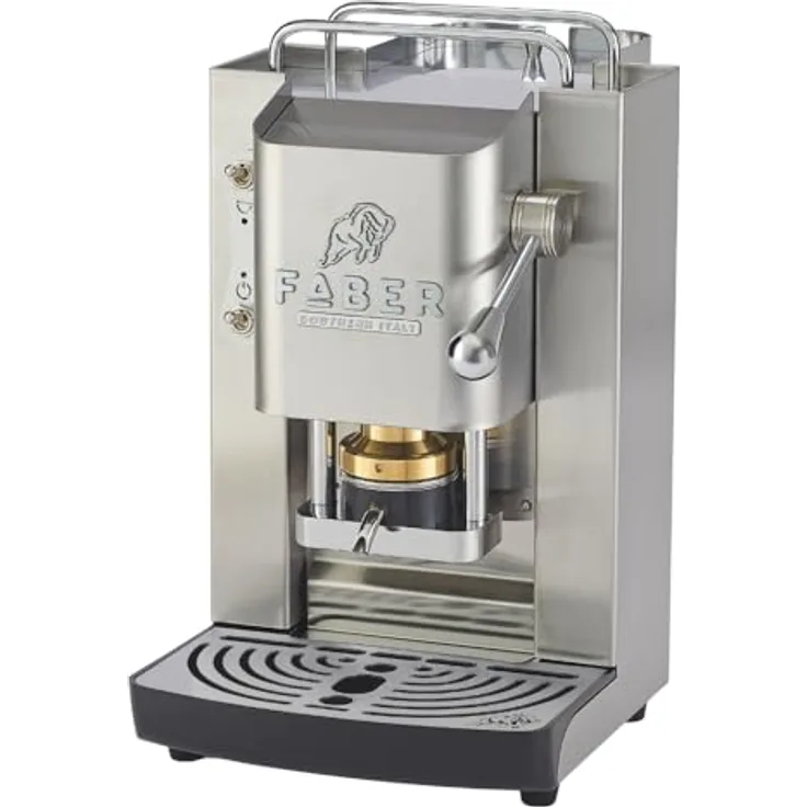 FABER COFFEE MACHINES Deluxe 3.0, Kaffeemaschine ESE 44mm mit Elektroventil, herausnehmbarem Padhalter, 1L Glasbehälter und verstellbarem Messing-Padpresser, mattes Edelstahl/Chrom